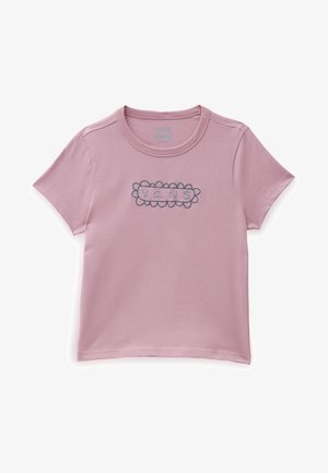 Pink bomulds t-shirt med korte ærmer og rund halsudskæring. Har et unikt broderet logo inden for en bølget grøn omrids.