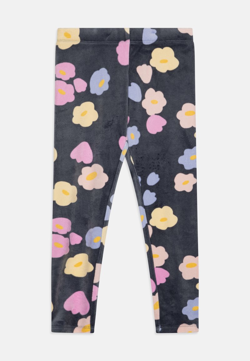Floral leggings featuring a dark background with multicolored flower patterns in pink, yellow, and blue. Soft, stretchy fabric, fitted design.