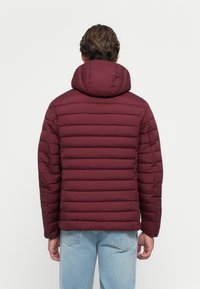 Mand iført en maroon polstret jakke med hætte, vist fra ryggen, paired med lyseblå jeans mod en ensfarvet lys baggrund.