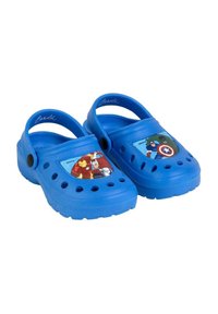Blue clogs made of lightweight material, featuring ventilation holes and graphic designs of superhero characters on the sides.