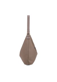 Borsa a spalla in pelle marrone con finitura texture, forma asimmetrica e una sola tracolla. Presenta dettagli in metallo dorato.