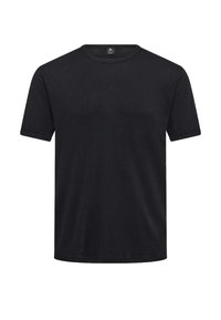Sort kortærmet T-shirt lavet af blødt stof, med rund halsudskæring og en afslappet pasform uden synlige logoer eller mønstre.
