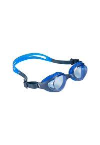 Blå simglasögon med klara linser, silikonremmar och justerbara spännen. Har ergonomisk design och texturerade sidodetaljer.