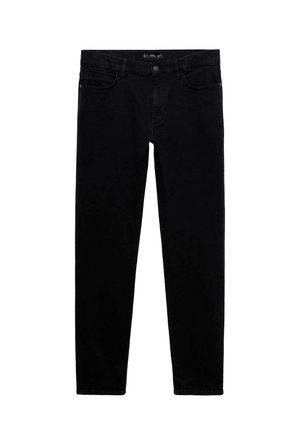 Jeans in denim nero con vestibilità slim, caratterizzati da cinque tasche e chiusura con bottone. Tessuto liscio e colore uniforme su tutta la superficie.