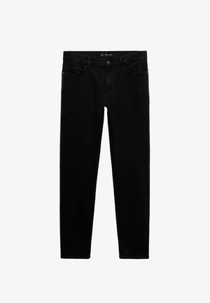 Črne jeans hlače slim fit z petimi žepi in gumbom za zapiranje. Gladka tekstura in enakomerna barva po celotnem materialu.