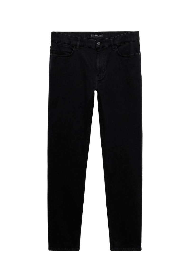 Jean en denim noir à coupe slim, avec cinq poches et une fermeture à bouton. Texture lisse et couleur uniforme sur l'ensemble du tissu.