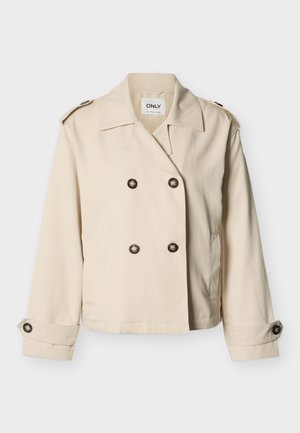 Bēša, īsa divrindu žakete ar platu apkakli, plecu siksnām, ar pogām aiztaisāmām aprocēm un sānu kabatām, zīmola ONLY.