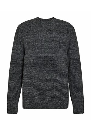 Dunkelgrauer, gestrickter Pullover mit Rundhalsausschnitt, texturierten horizontalen Mustern und langen Ärmeln, auf weißem Hintergrund dargestellt.