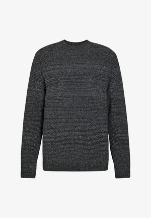 Donkergrijze gebreide trui met ronde hals, voorzien van getextureerde horizontale patronen en lange mouwen, weergegeven op een witte achtergrond.