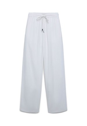 Weiße, weit geschnittene Hose mit elastischem Bund und Kordelzug, weiten Beinen und einer einfachen, glatten Stofftextur.