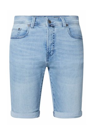 Hellblaue Denim-Shorts mit umgeschlagenen Säumen, im klassischen Fünf-Taschen-Design, mit Knopf- und Reißverschluss und dezenten Ausbleichungen.