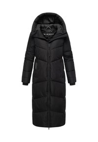 Manteau d'hiver long noir rembourré avec une grande capuche, fermeture éclair à l'avant et poches latérales zippées, conçu pour la chaleur et la protection.