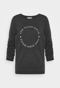 Felpa grigia scura realizzata in tessuto morbido con colletto a girocollo. Presenta un testo circolare bianco: "TOM TAILOR DENIM FONDATO NEL 2007." Maniche lunghe.