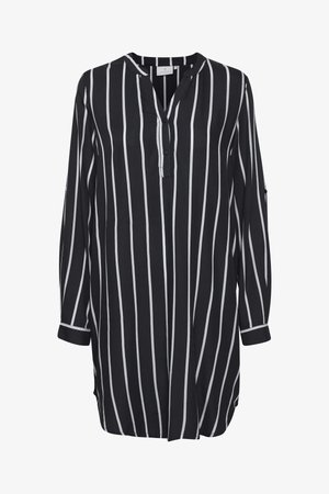 Schwarz-weiß gestreiftes Langarmshirt mit V-Ausschnitt, Knopfleiste und kontrastierenden Manschetten. Weicher Stoff mit lockerer Passform und seitlichen Schlitzen.