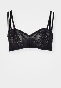 Crna čipkasta bralette s cvjetnim uzorkom, potporom s žicom i višestrukim trakama. Ima složeni rub i mekanu teksturu.