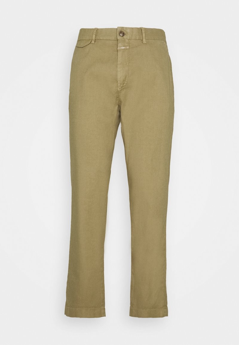 Pantalon khaki pour homme à jambes droites, avec passants pour ceinture, bouton à l'avant et fermeture éclair, présenté à plat sur un fond blanc.