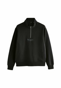 Black sweatshirt with a high collar and half-zip closure. Features "BROOKLYN" text on the chest in a contrasting font. Soft texture.