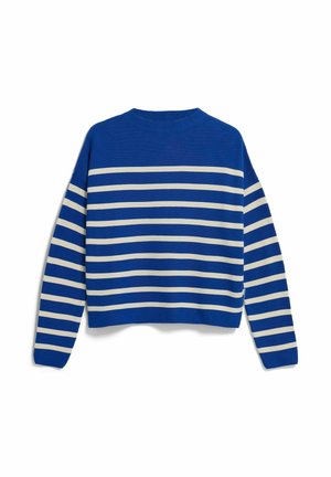 Blauwe trui met witte horizontale strepen, ribbelige textuur, ronde halslijn en lange mouwen. Cropped ontwerp met doorgezakte schouders.