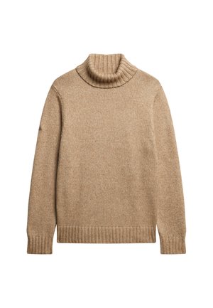 Suéter de cuello alto beige hecho de un tejido de punto texturizado, con un cuello y puños acanalados, de corte relajado y con aberturas laterales en el dobladillo.