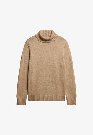 Beige coltrui gemaakt van textuurgebreide stof, met een geribde kraag en manchetten, in een relaxte pasvorm en met zijsplitten aan de onderkant.