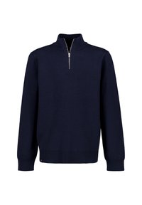 Pull bleu marine, fabriqué en maille douce, doté d'un col montant avec une demi-fermeture éclair, de poignets et d'un ourlet côtelés, avec un design simple.