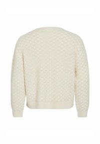 Pull blanc à gros tricot avec un motif en nid d'abeille texturé, poignets et ourlet côtelés, avec une coupe décontractée et un large col.