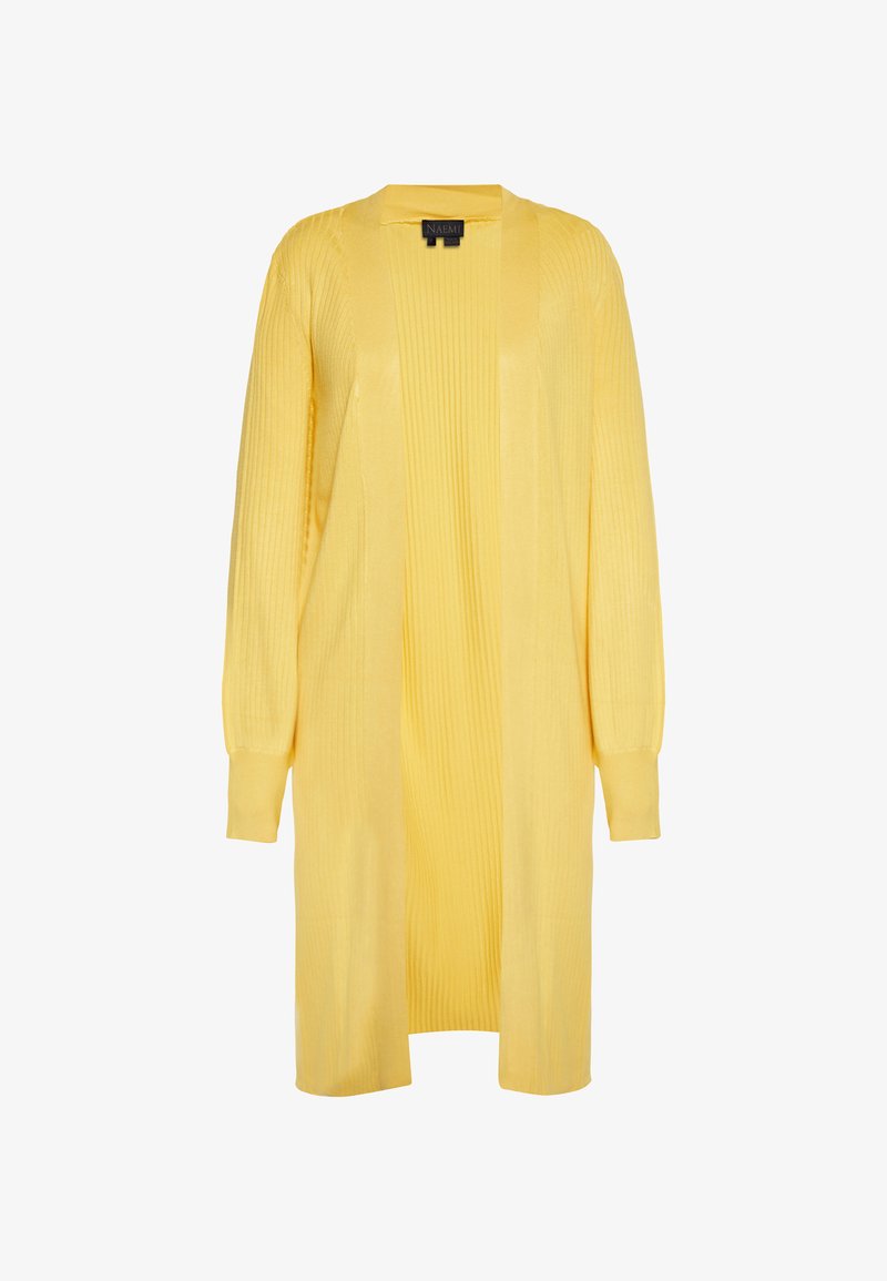 Sárga, hosszú kardigán, bordás textúrával, nyitott elülső résszel és hosszú ujjakkal. Könnyű anyagból készült a kényelem és az akár több rétegben való viselés érdekében.