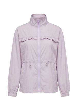 Light purple zip-up jacket with ruffle detail across the chest, high collar, elastic cuffs, and adjustable waist drawstrings.