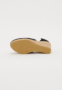 Juodi wedges sandalai su tekstūruotu espadrilio kulnu ir guminėmis padangomis, turintys lygų viršų ir atvirą dizainą, tinkami kasdieniam nešiojimui.