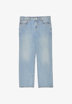 Jasnoniebieskie dżinsy z denimu z prostą nogawką, guzikiem z przodu, zamkiem błyskawicznym oraz kieszeniami z przodu i z tyłu.