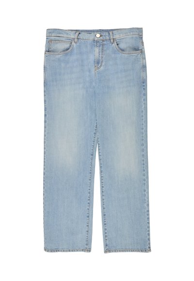 Jeans in denim azzurro chiaro con taglio a gamba dritta, bottone frontale, chiusura con zip e tasche davanti e dietro.