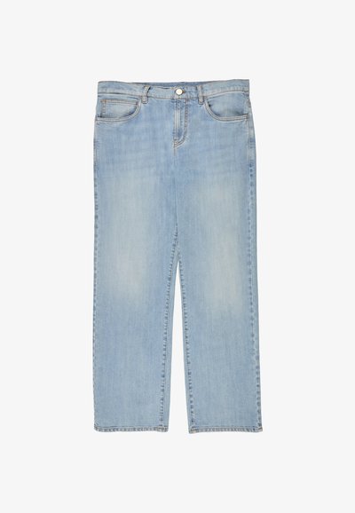 Jeans in denim azzurro chiaro con taglio a gamba dritta, bottone frontale, chiusura con zip e tasche davanti e dietro.