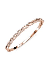 Bracciale in oro rosa con un design intrecciato, caratterizzato da cristalli trasparenti incastonati nel motivo. Superficie liscia e lucida; chiusura a clasp sicura.