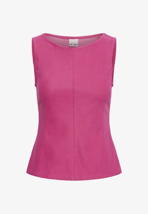 Mouwloos aansluitend roze topje met ronde hals en zichtbare centrale naad, gemaakt van gladde stof.