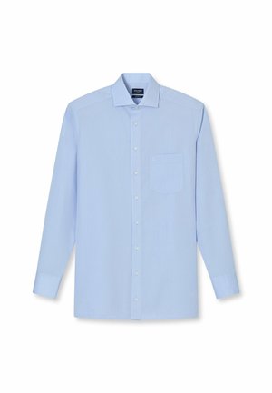 Helles blaues langärmliges Button-Up-Hemd aus Stoff mit einer kleinen Brusttasche auf der linken Seite und einem klassischen Kragen.