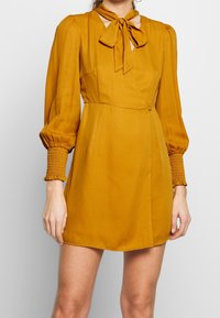 Senapsgul klänning med puffärmar, smockade mudd och knytning vid halsen. Slät tyg, figursydd liv och en något utsvängd kjol.