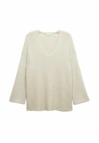 Kremowy sweter z dekoltem w serek, o prążkowanej strukturze, luźnym kroju i rękawach w kształcie dzwonów, z delikatnymi akcentami metalicznych nici.