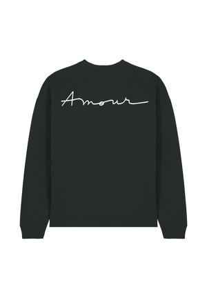 Schwarzer Sweatshirt mit langen Ärmeln und gerippten Bündchen. Auf der Rückseite mit dem Wort 'Amour' in weißer, geschwungener Schrift gestickt. Weicher Stoff.