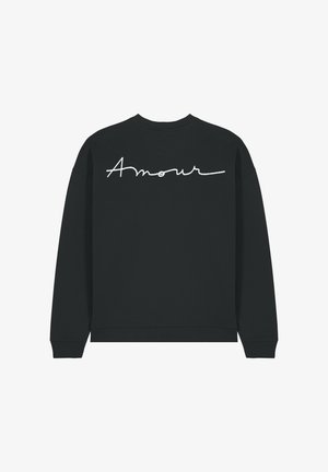 Czarna bluza z długimi rękawami i ściągaczami. Na plecach haftowane słowo 'Amour' białą, kursywą. Miękka tekstura materiału.