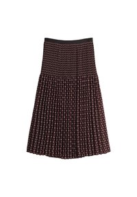 Jupe plissée en bordeaux foncé avec une taille smockée texturée et un motif géométrique répétitif dans des tons crème.