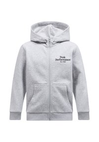 Lichtgrijze zip-up hoodie gemaakt van zachte stof, met een kangoeroezak, rib gebreide manchetten en het "Peak Performance" logo op de borst.