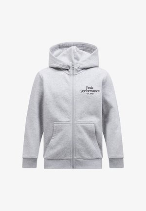 Hellgraue Zip-Hoodie aus weichem Material, mit einer Kängurutasche, gerippten Bündchen und dem "Peak Performance"-Logo auf der Brust.
