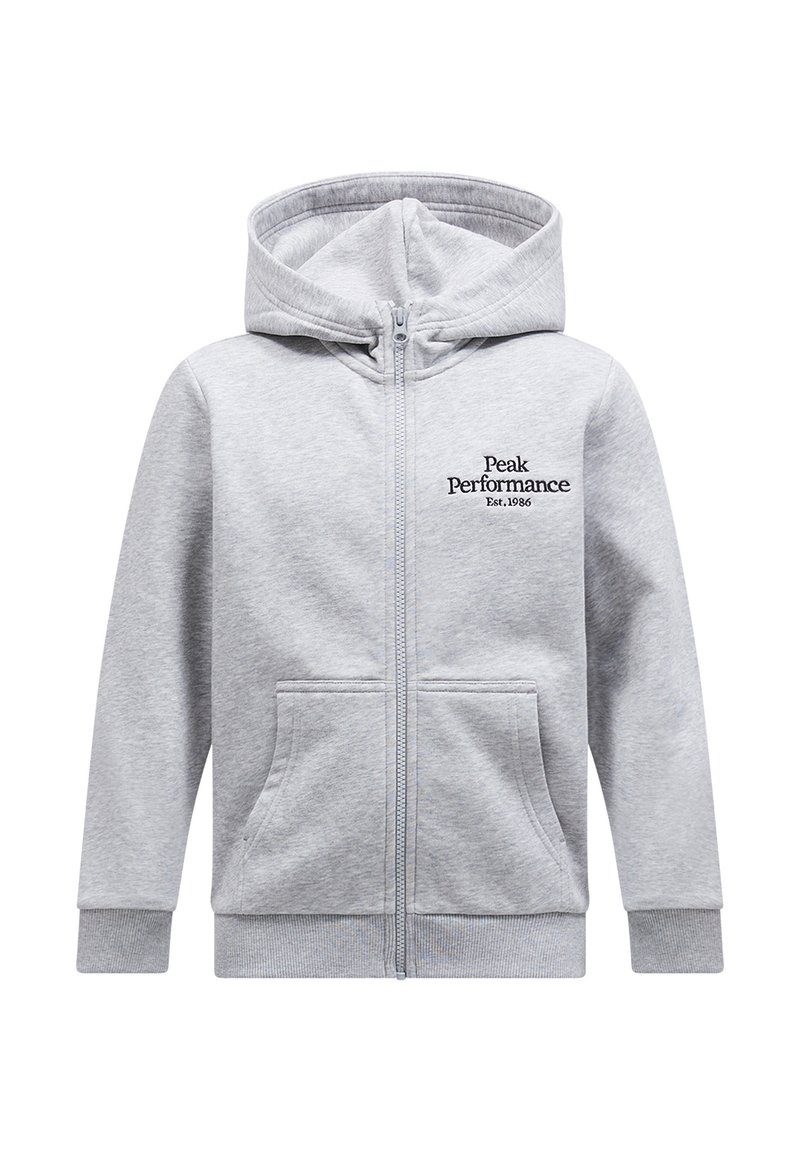 Lichtgrijze zip-up hoodie gemaakt van zachte stof, met een kangoeroezak, rib gebreide manchetten en het "Peak Performance" logo op de borst.