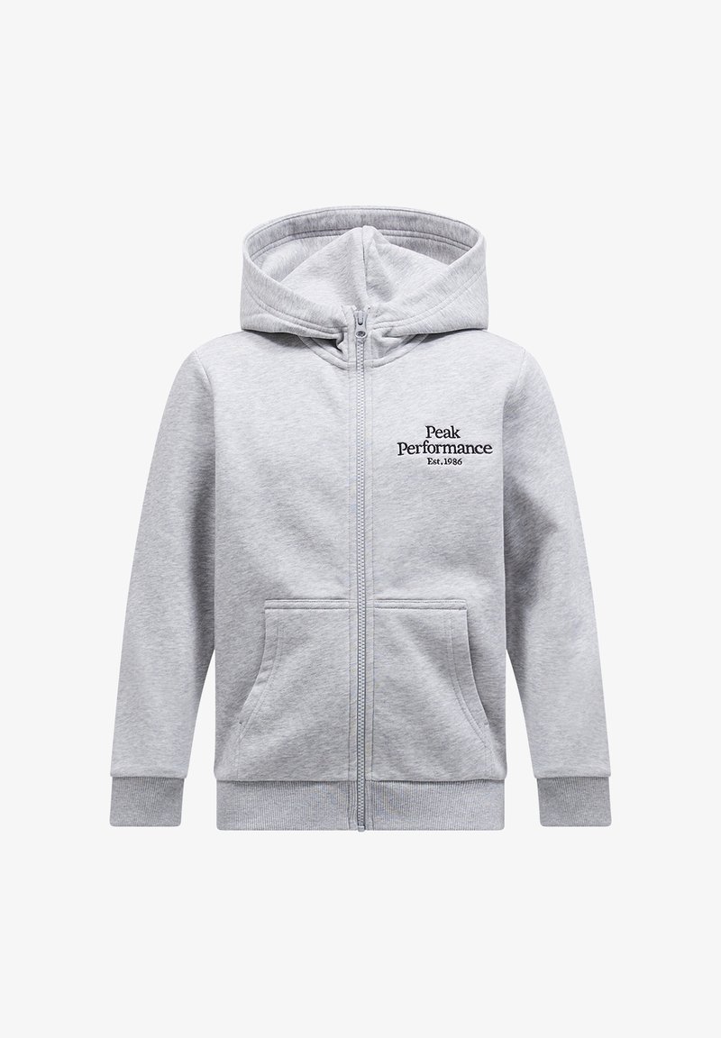 Hellgraue Zip-Hoodie aus weichem Material, mit einer Kängurutasche, gerippten Bündchen und dem "Peak Performance"-Logo auf der Brust.