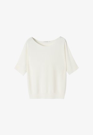 Haut blanc à manches courtes en tissu doux, avec un col rond et une coupe décontractée. Design simple sans motifs ni accents.
