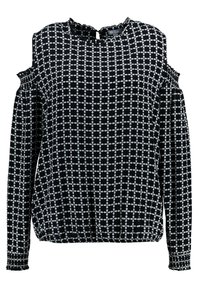 Schwarz-weiße blusentop mit gemustertem Design, kalten Schultern, Rundhalsausschnitt und elastischen Bündchen. Verfügt über ein Rippendesign mit floralen Akzenten.