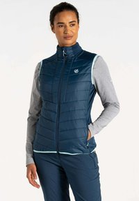 Marineblaues Steppweste mit vertikalem Steppmuster, hohem Kragen und Reißverschlusstaschen. Leichtgewicht, mit türkisfarbenen Akzenten und einem Reißverschluss vorne.