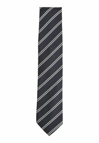 Cravatta blu navy con un motivo testurizzato, caratterizzata da strisce bianche diagonali. La cravatta è sottile, con una punta appuntita e una finitura liscia.