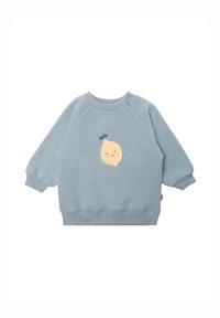 Hellblaues Sweatshirt mit Raglanärmeln. Mit einem lächelnden Zitronenmotiv und einem Blatt. Hergestellt aus weichem Stoff, hat es gerippte Bündchen und Saum.