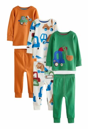 Set of four children's pajamas: orange long-sleeve with tractor design, white top with vehicle prints, green top with digger, matching bottoms.